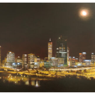 A nighttime cityscape painting featuring illuminated skyscrapers, a full moon, and intricate roadway patterns. By Lesley Anne Derks